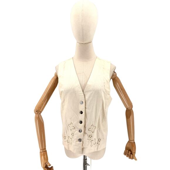 Bushwacker Jackets & Blazers - Vintage 90s Bushwacker Cream Linen Cotton Minimalist Eyelet Lace Back Vest
